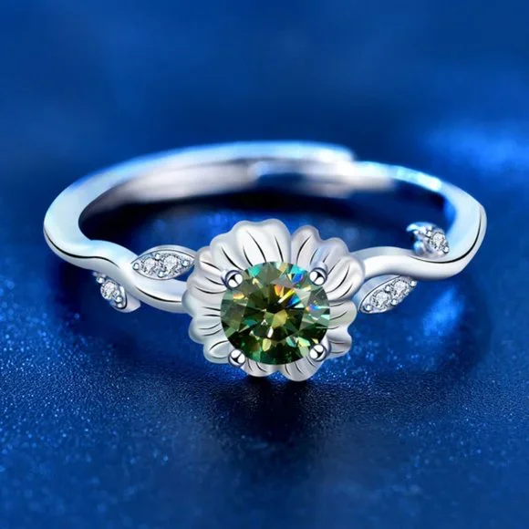Certified 1/2ct. t.w. Green Moissanite Diamond Sunflower Ring NEW - Picture 3 of 8